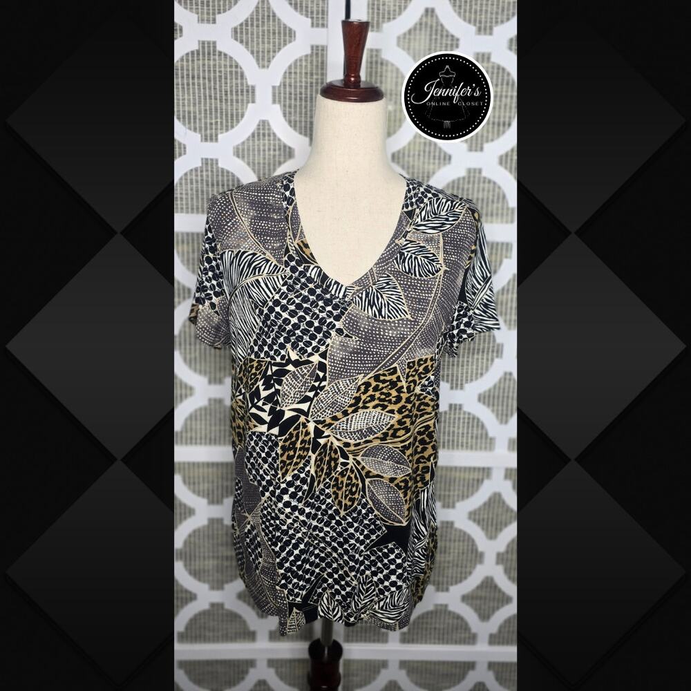Chico's Brown Black Tan Animal Leaf Print Scoop Neck Top Size 2=L/12